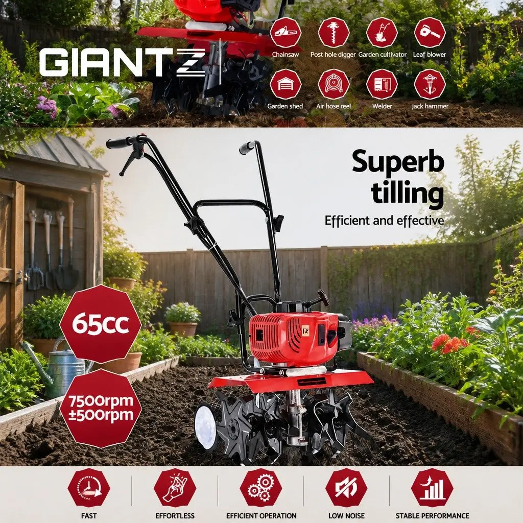 Hand-Held Tiller 65CC Garden Soil Cultivator 400mm Working Width Red
