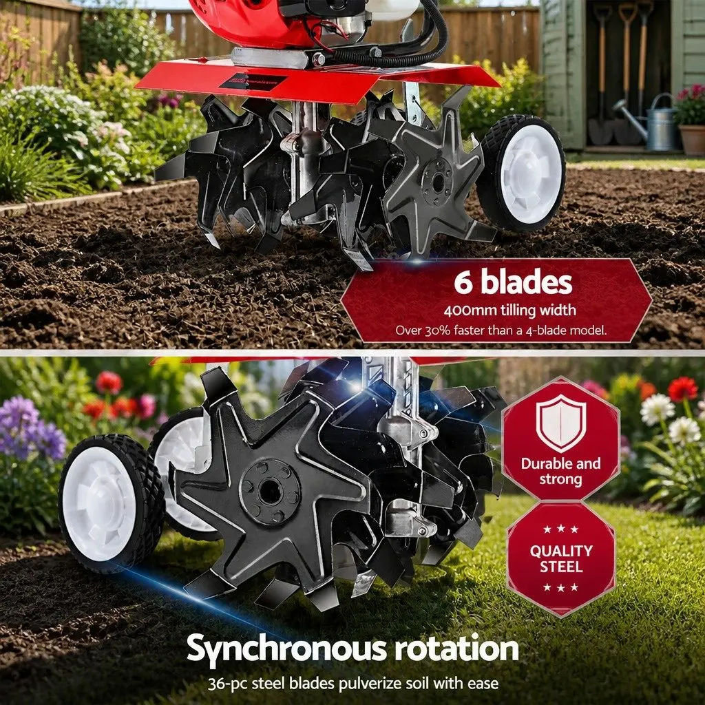 Hand-Held Tiller 65CC Garden Soil Cultivator 400mm Working Width Red