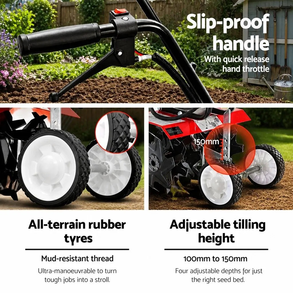 Hand-Held Tiller 65CC Garden Soil Cultivator 400mm Working Width Red