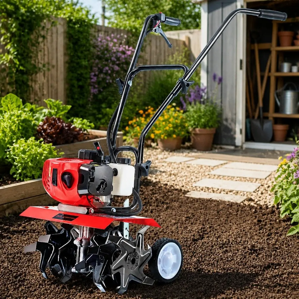 Hand-Held Tiller 65CC Garden Soil Cultivator 400mm Working Width Red