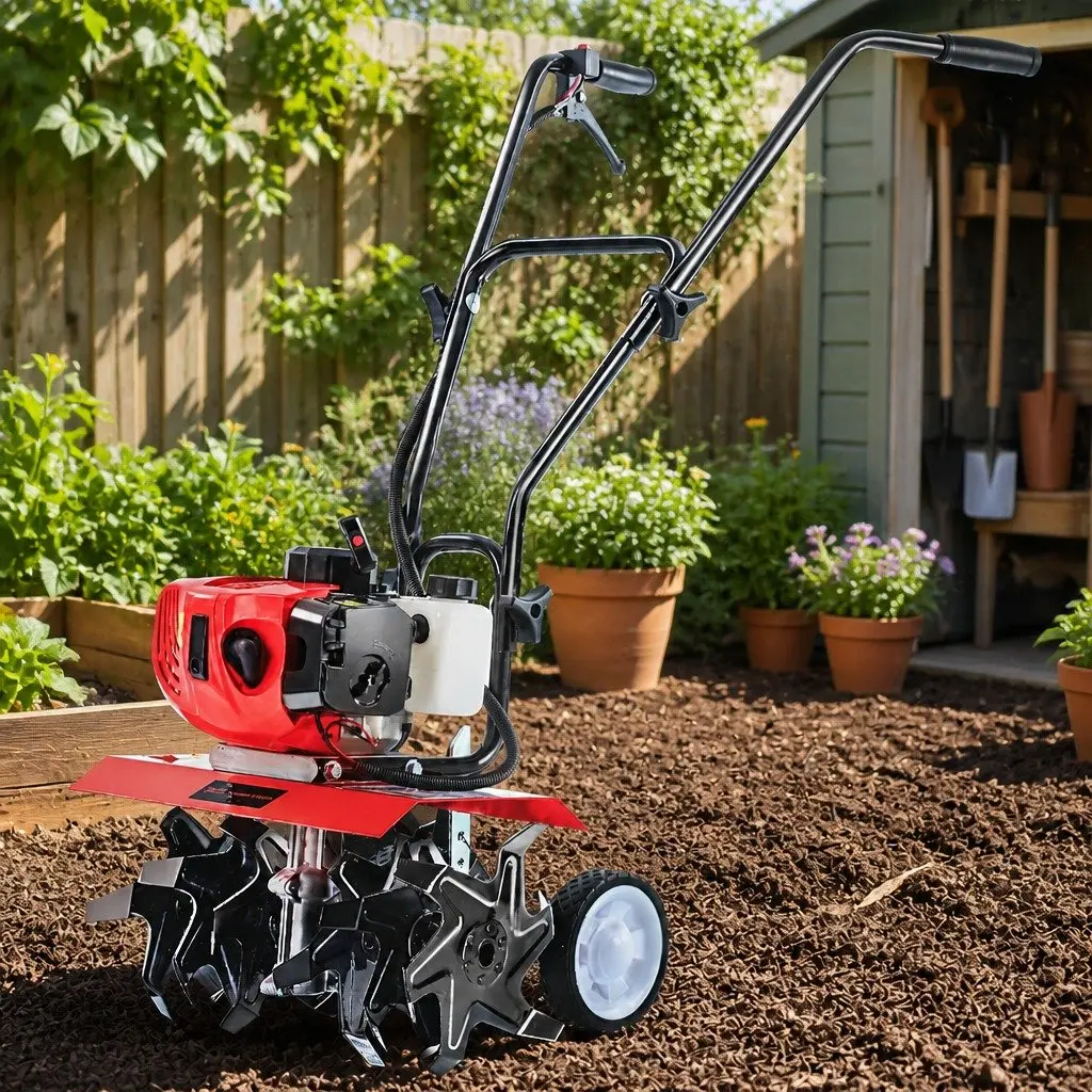 Hand-Held Tiller 65CC Garden Soil Cultivator 400mm Working Width Red