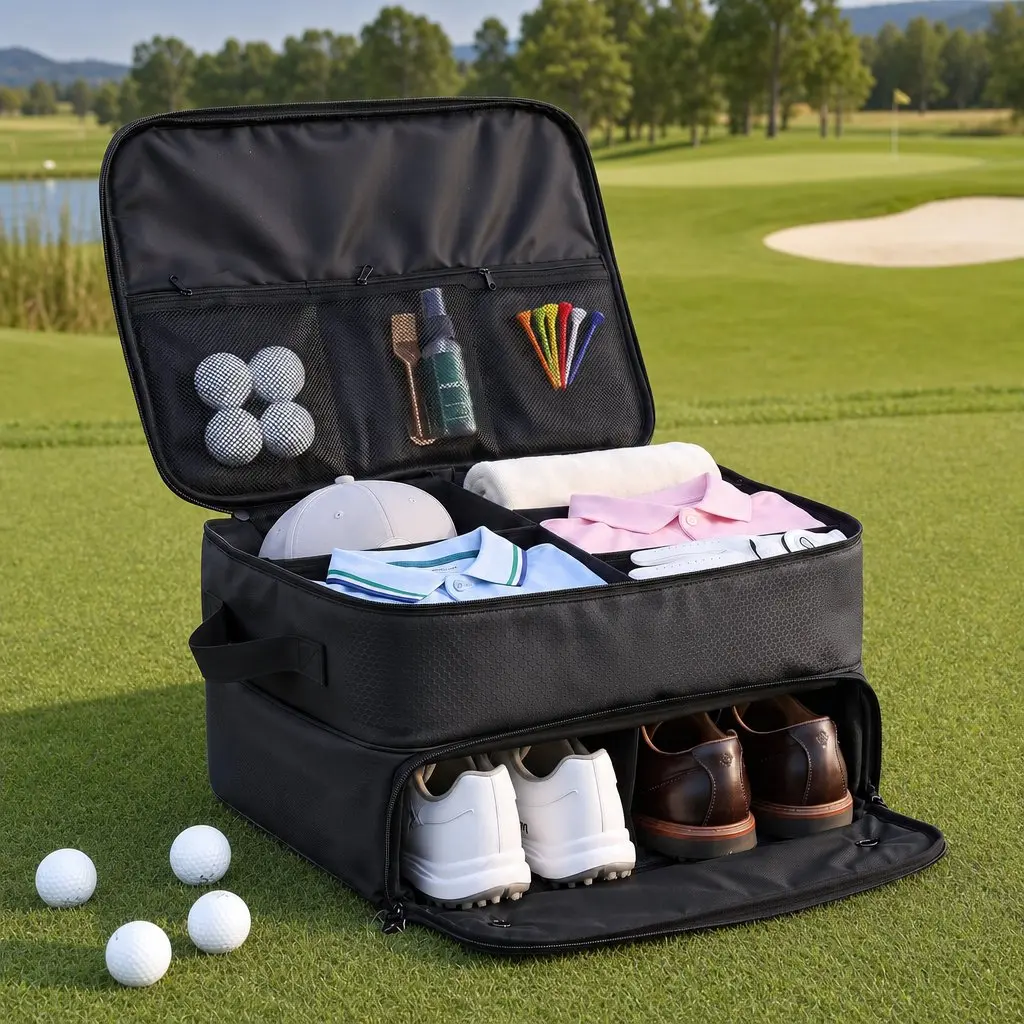 Golf Trunk Organizer Car Storage Bag 2-Tier Ventilated Shoe Compartment Black