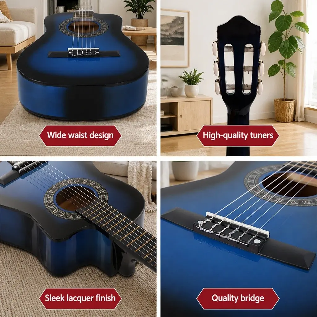 34 Inch Classical Guitar Nylon String Beginner Blue with Stand Picks