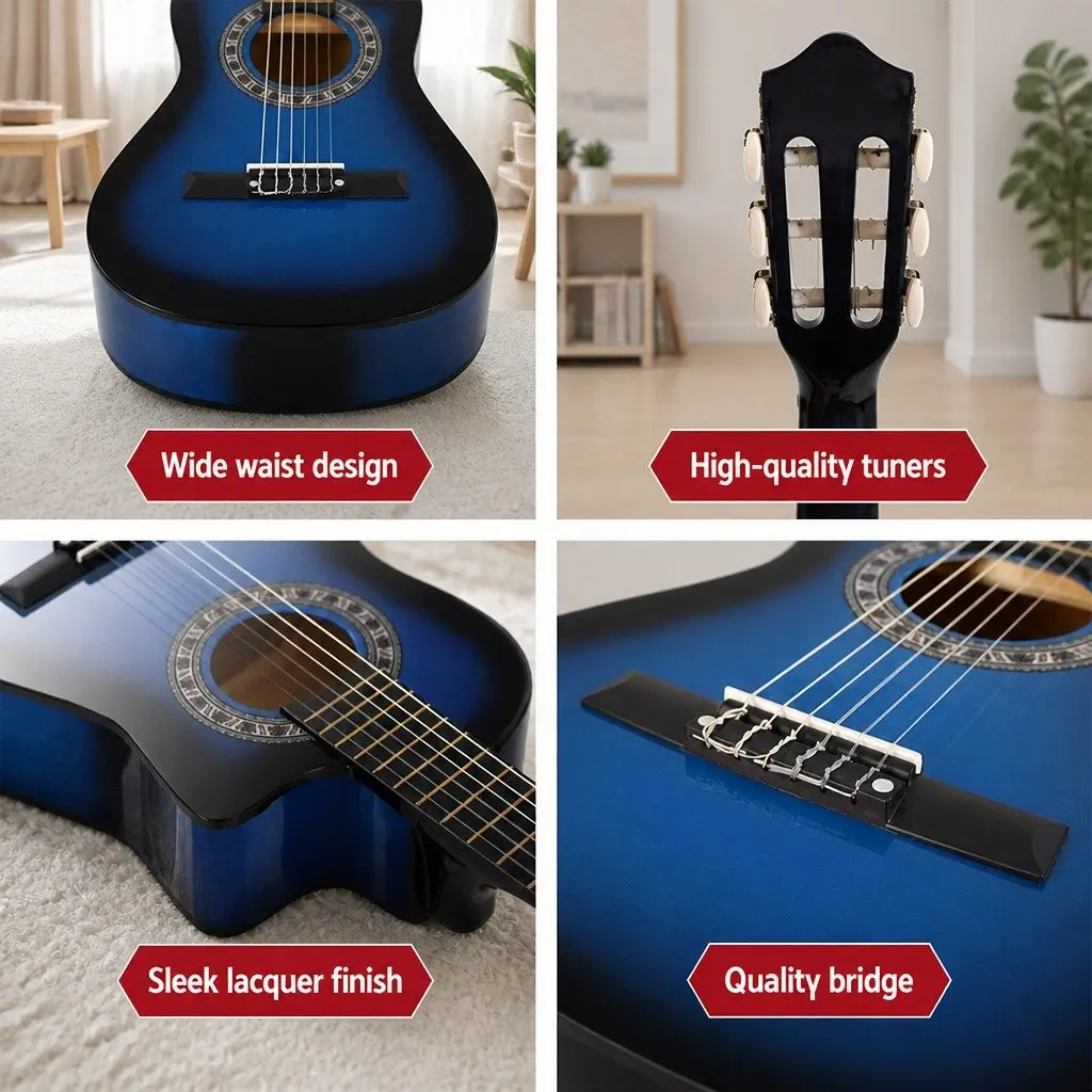 34 Inch Classical Guitar Nylon String Beginner Kids Adult Wood Blue
