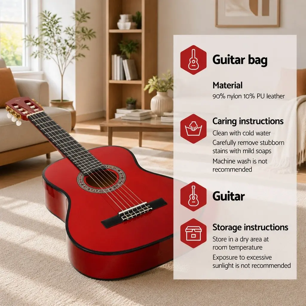 Classical Guitar 34 Inch Nylon String Auditorium Size Wooden Body Red