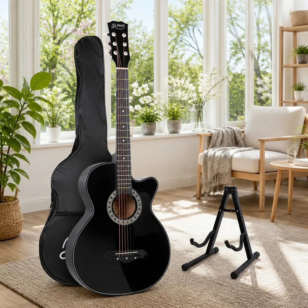 Full Size Acoustic Cutaway Guitar 38 Inch Black Steel String Laminated Body