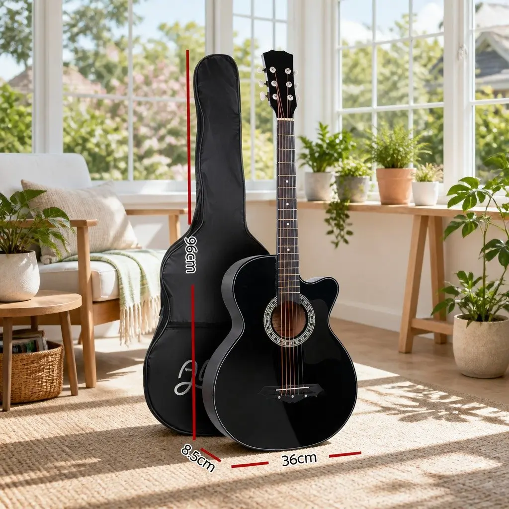 Full Size Acoustic Cutaway Guitar 38 Inch Black Steel String Laminated Body