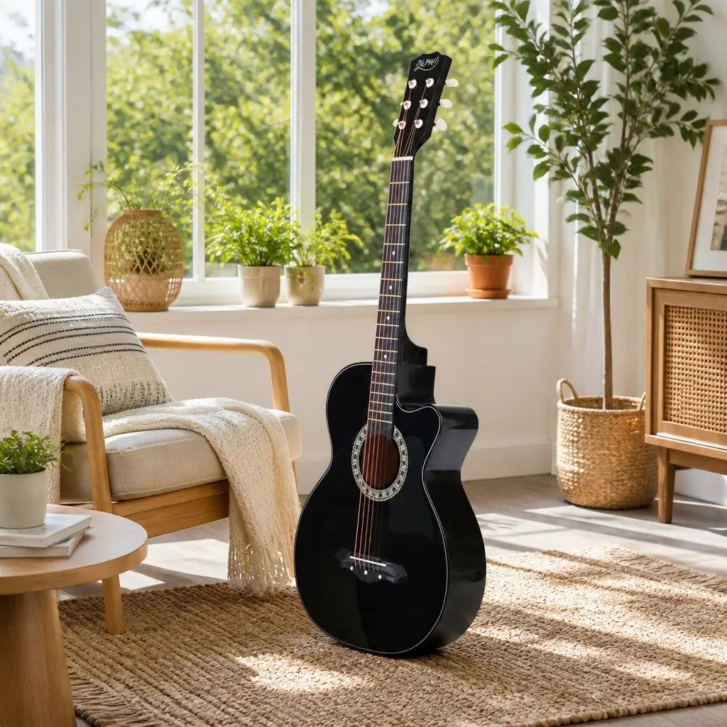 Full Size Acoustic Cutaway Guitar 38 Inch Black Steel String Laminated Body