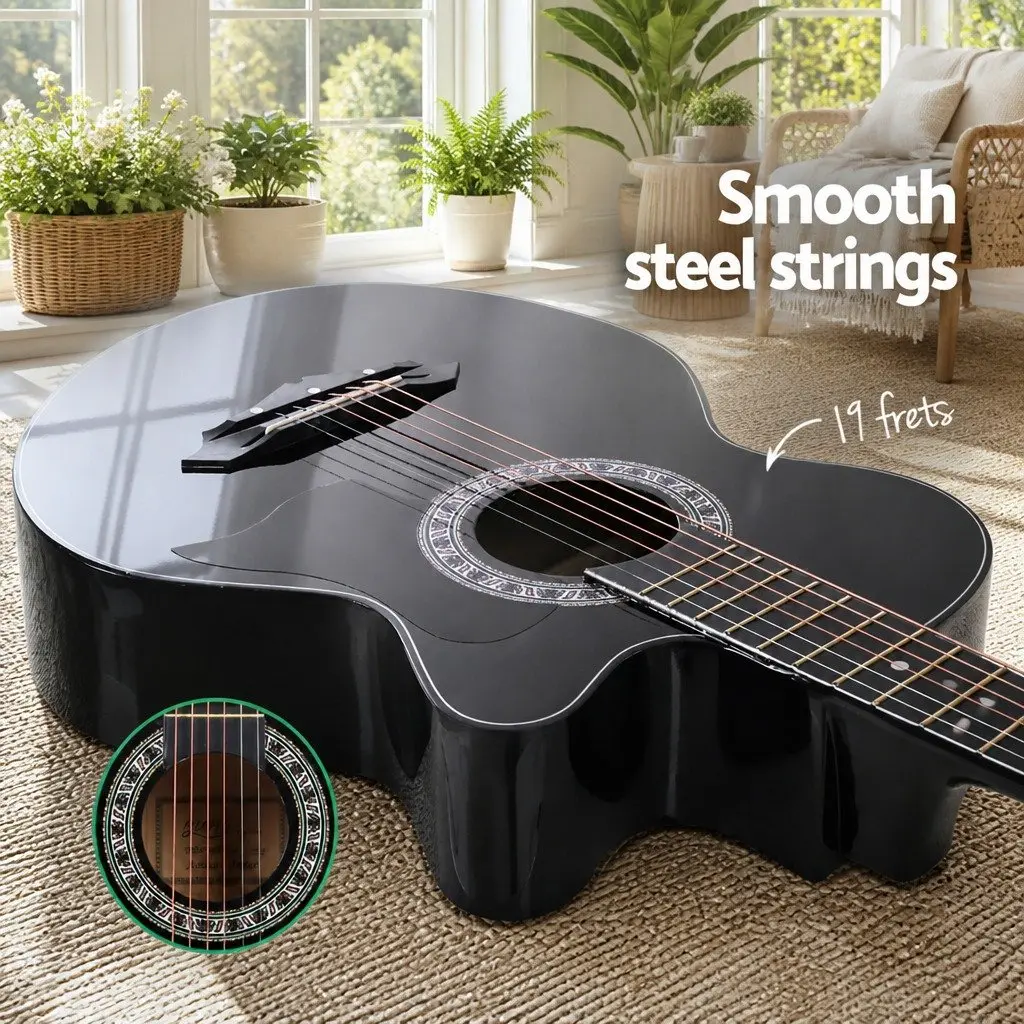 Full Size Acoustic Cutaway Guitar 38 Inch Black Steel String Laminated Body