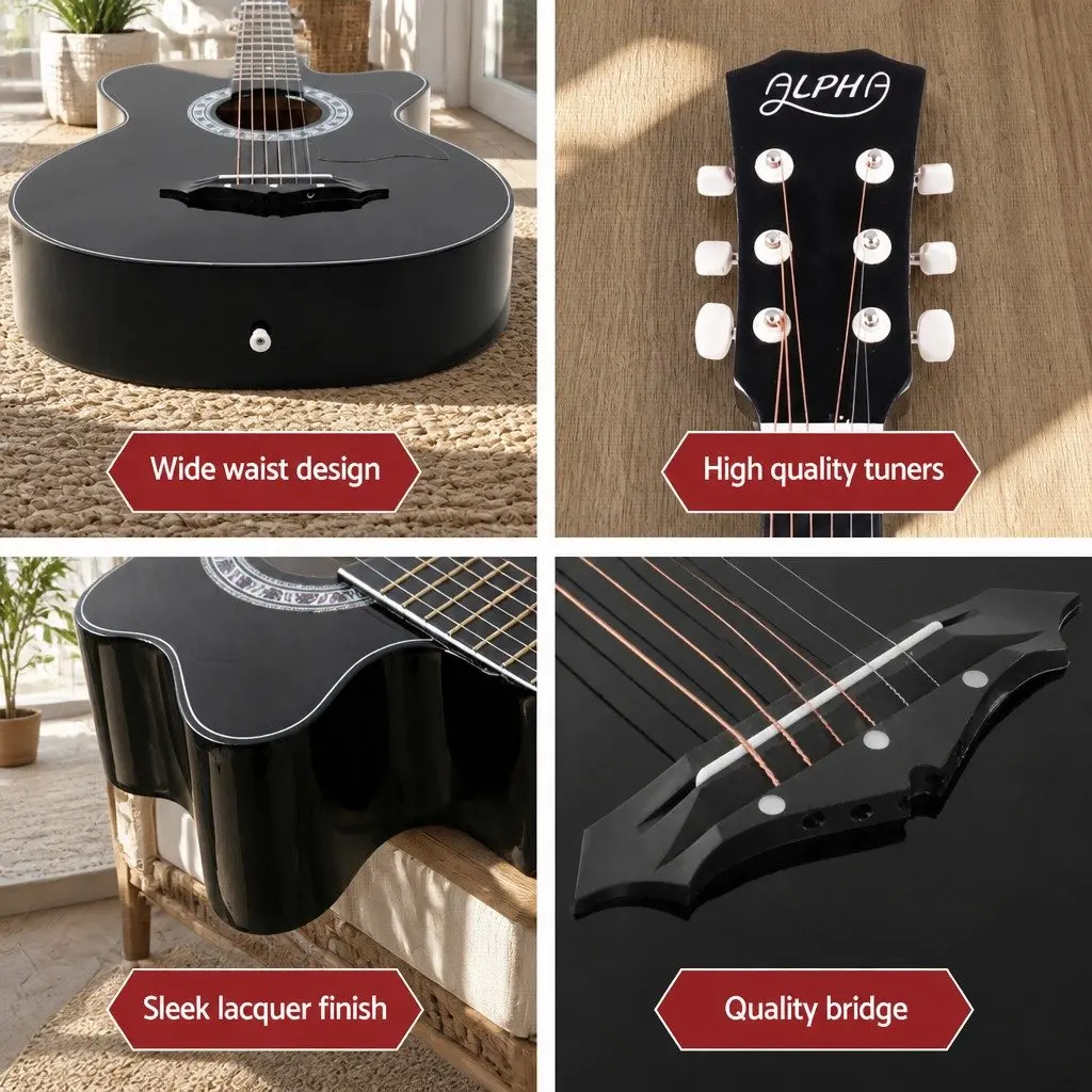 Full Size Acoustic Cutaway Guitar 38 Inch Black Steel String Laminated Body