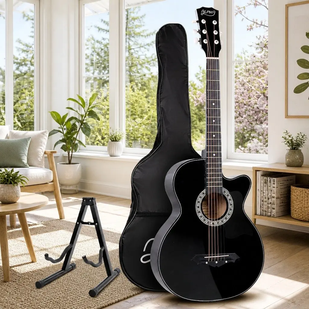 Full Size Acoustic Cutaway Guitar 38 Inch Black Steel String Laminated Body