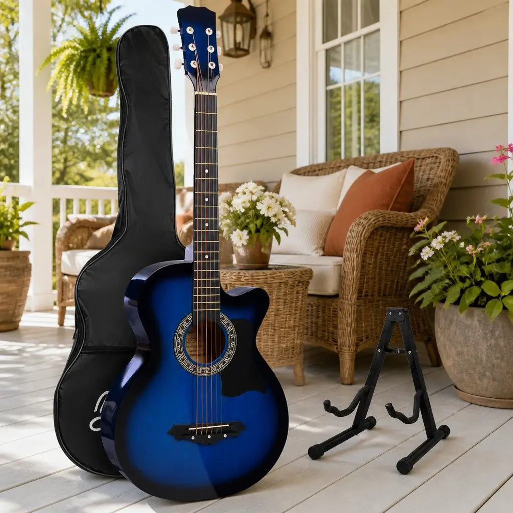 Acoustic Guitar 38 Inch Cutaway Steel String Full Size Blue Wooden Body