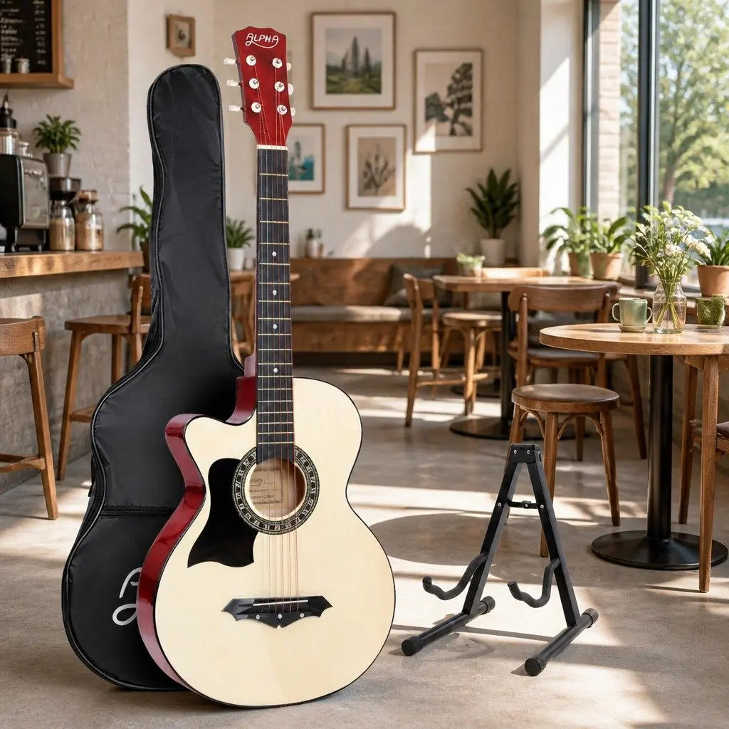 38 Inch Acoustic Guitar Left Handed Steel String Wooden Body Natural Wood Colour with Stand Carry Bag
