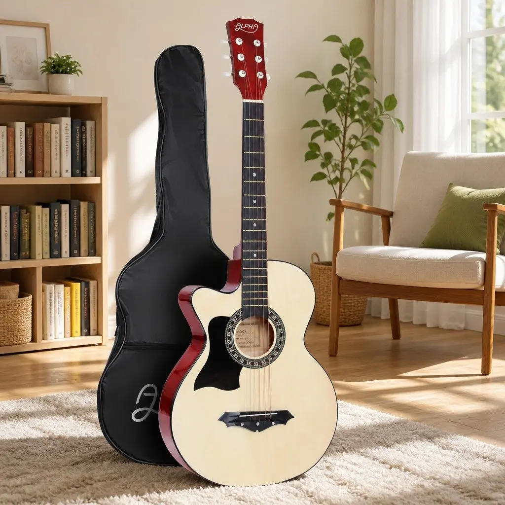 Left Handed Acoustic Guitar 38 Inch Full Size Cutaway Wooden Body Natural Wood