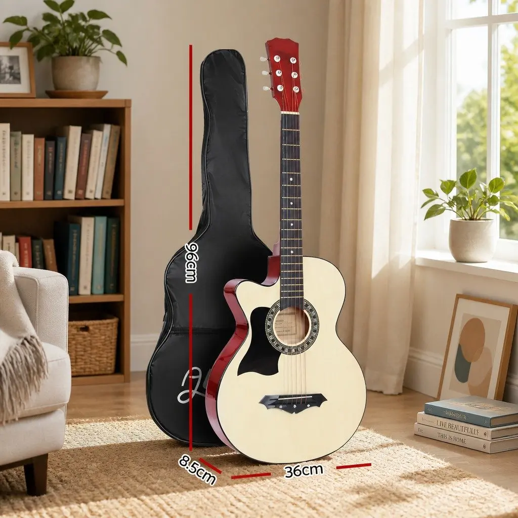 Left Handed Acoustic Guitar 38 Inch Full Size Cutaway Wooden Body Natural Wood