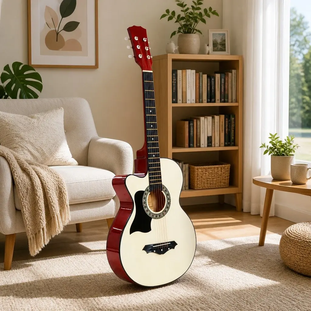 Left Handed Acoustic Guitar 38 Inch Full Size Cutaway Wooden Body Natural Wood