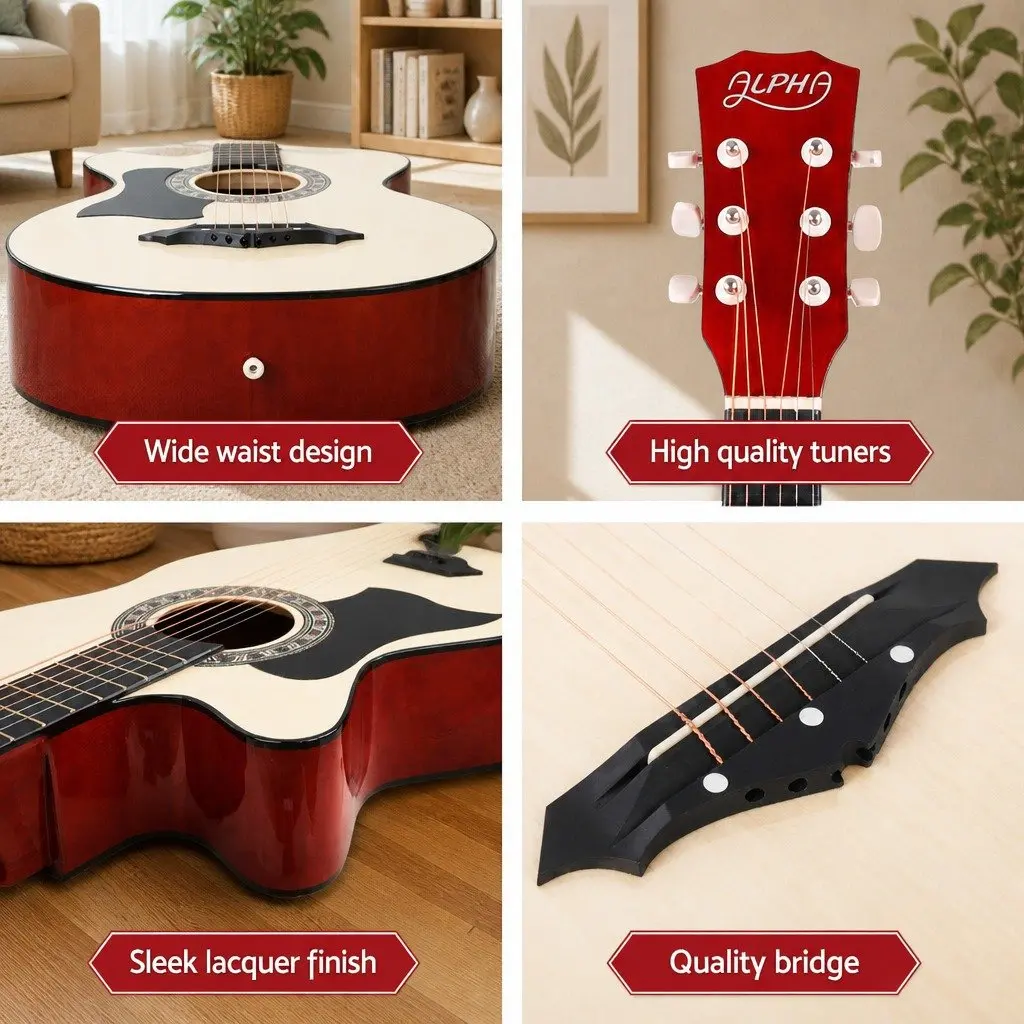 Left Handed Acoustic Guitar 38 Inch Full Size Cutaway Wooden Body Natural Wood