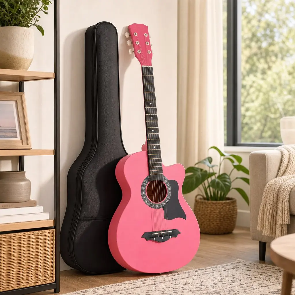 38 Inch Acoustic Guitar Cutaway Right Handed Steel String Folk Pink