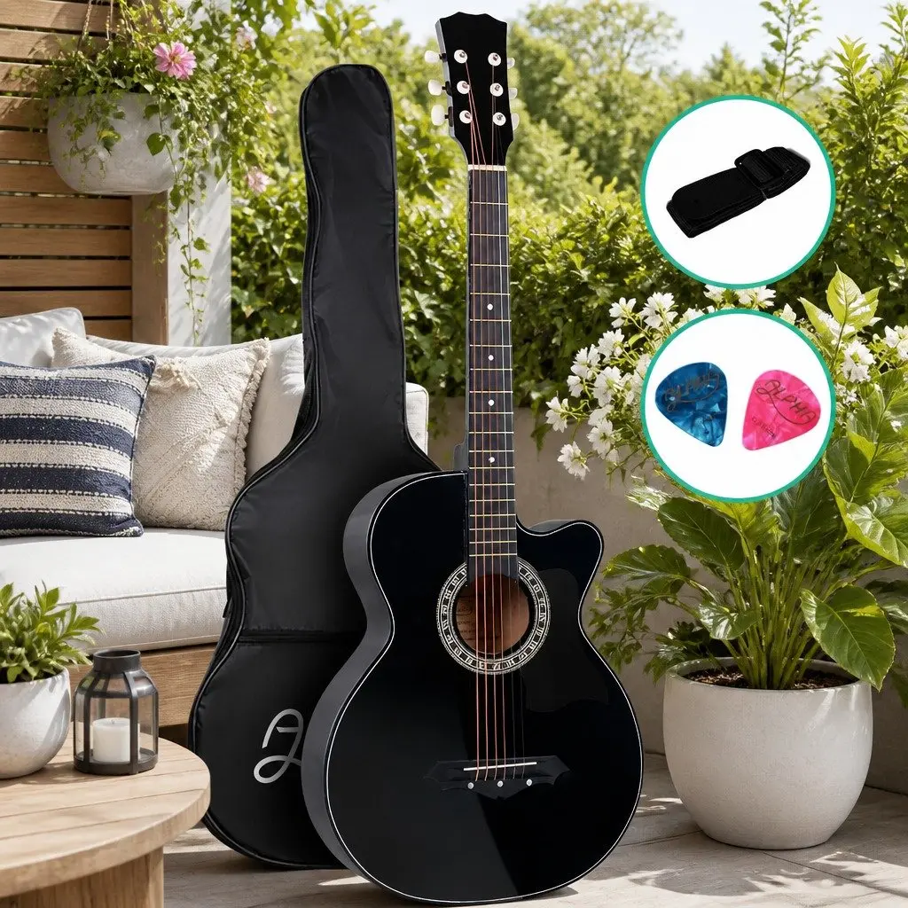 38 Inch Acoustic Cutaway Guitar Steel String Full Size Black Wooden Body Right