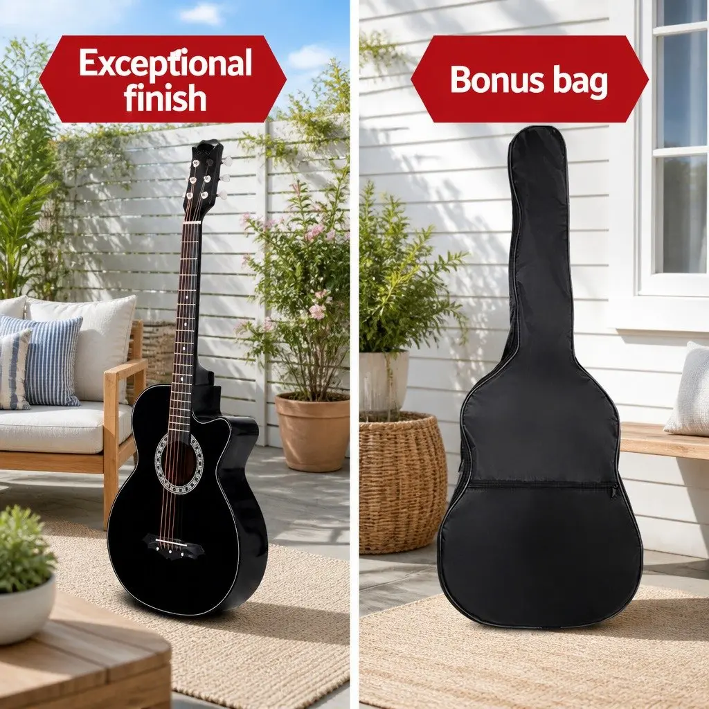 38 Inch Acoustic Cutaway Guitar Steel String Full Size Black Wooden Body Right
