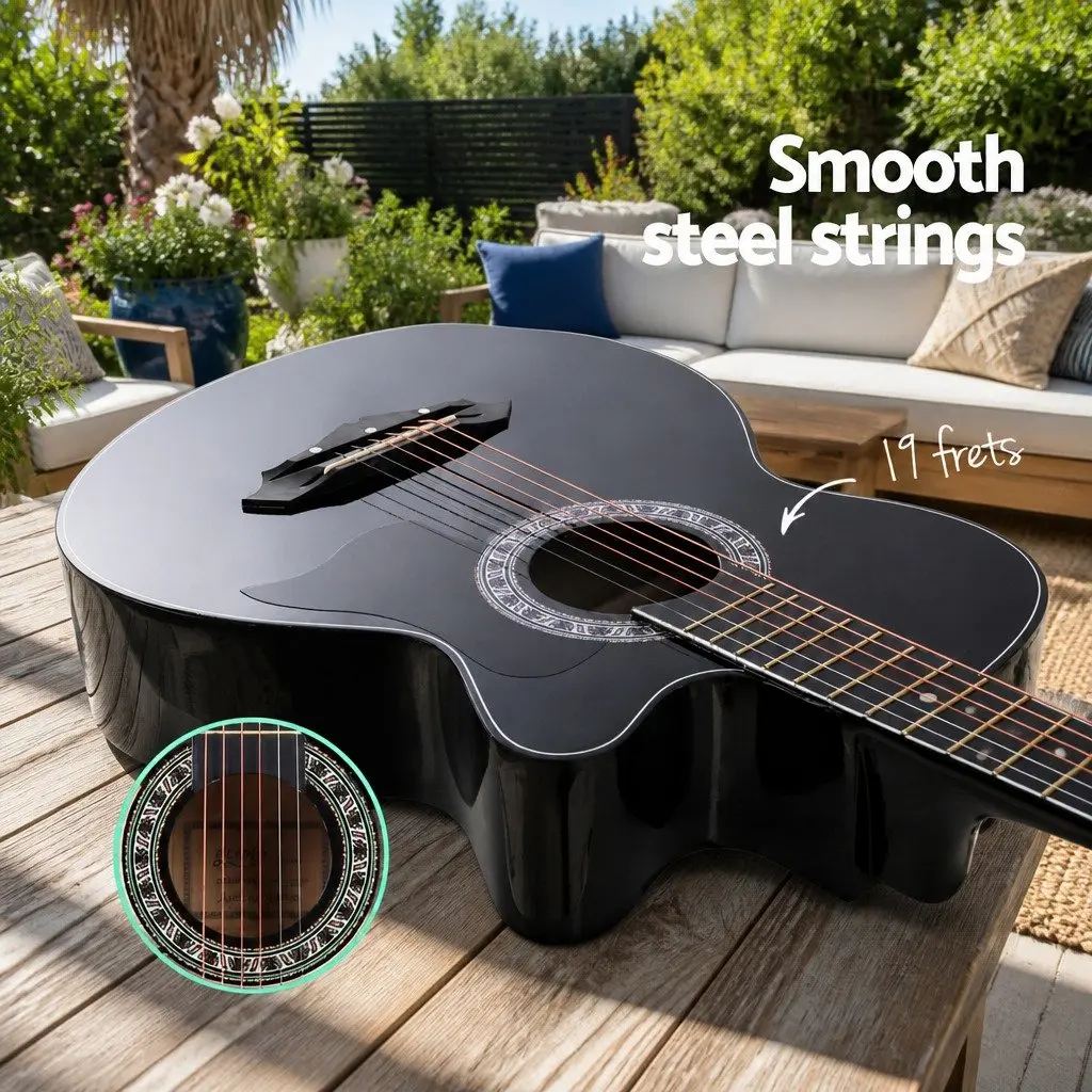 38 Inch Acoustic Cutaway Guitar Steel String Full Size Black Wooden Body Right