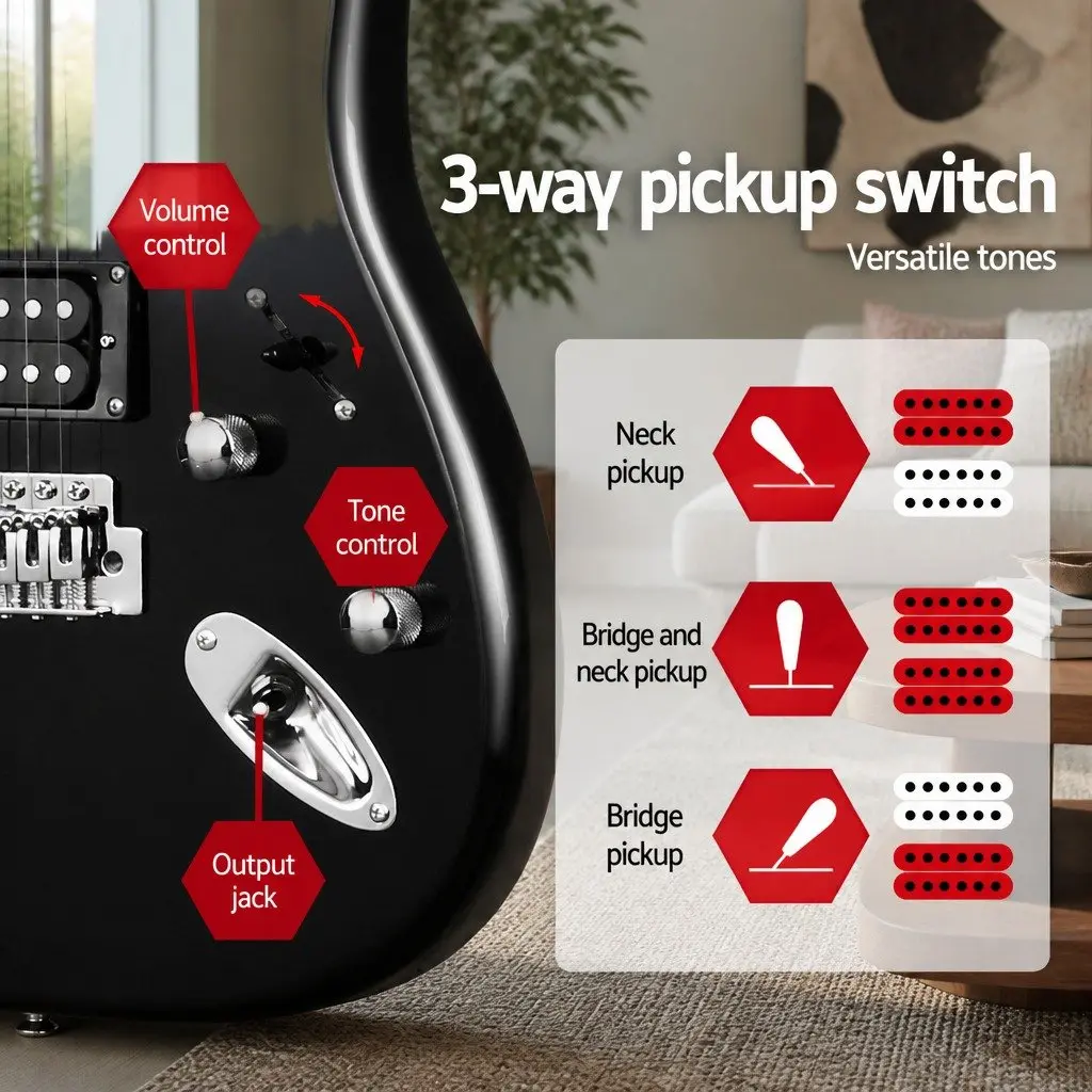 41 Inch Electric Guitar Strat Style Humbucker Pickups 3 Way Switch Black