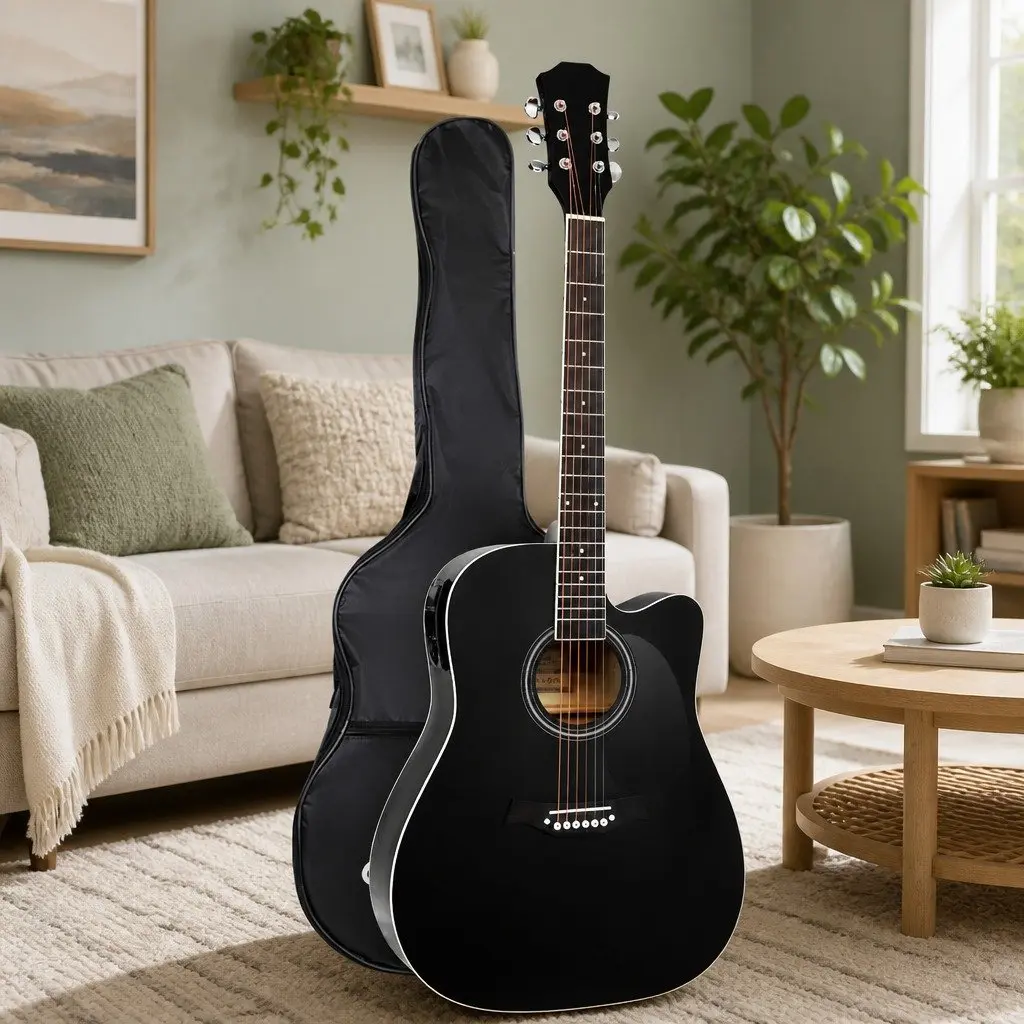 41 Inch Acoustic Guitar Cutaway Black 5-Band EQ Electric Output Dreadnought