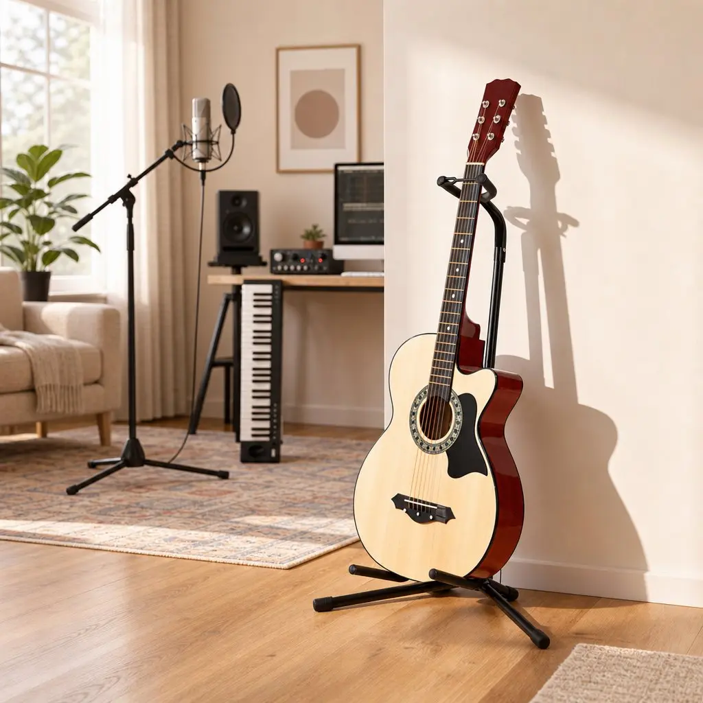 Folding A-Frame Adjustable Guitar Stand for Acoustic Electric and Bass Instruments Black Iron