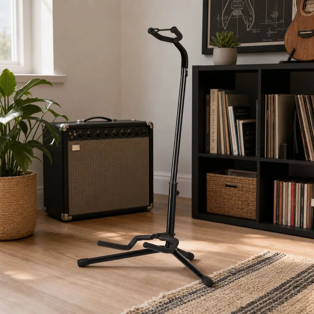 Folding A-Frame Adjustable Guitar Stand for Acoustic Electric and Bass Instruments Black Iron