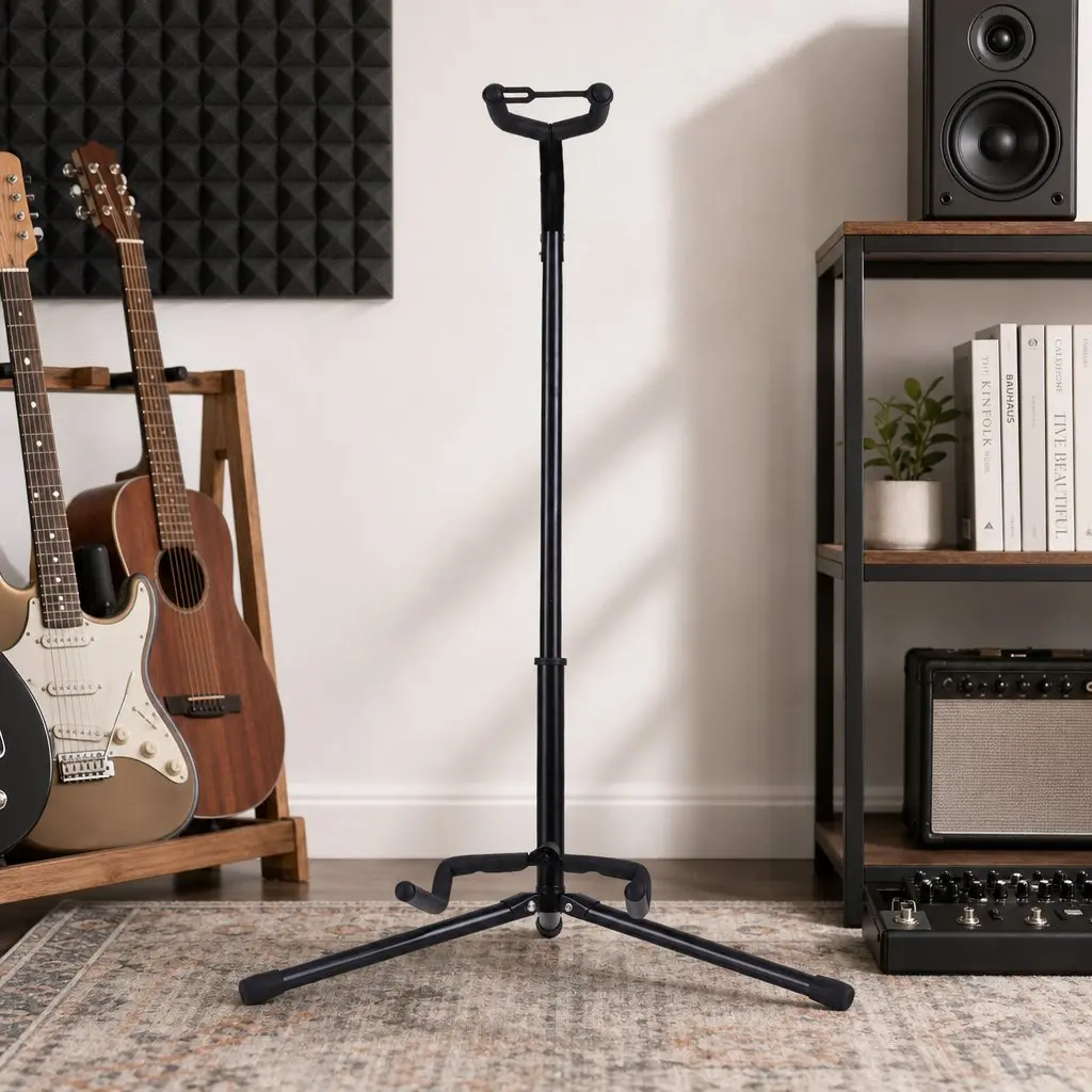 Folding A-Frame Adjustable Guitar Stand for Acoustic Electric and Bass Instruments Black Iron