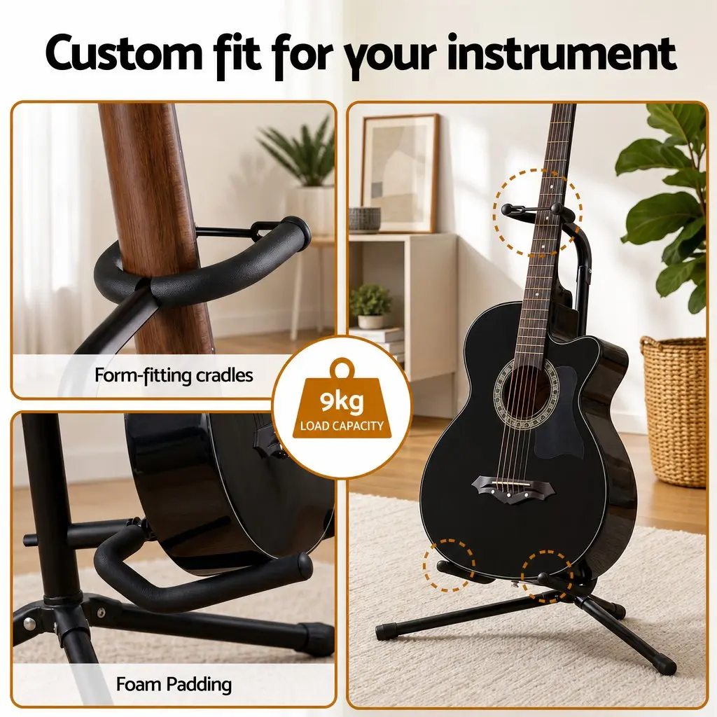 Folding A-Frame Adjustable Guitar Stand for Acoustic Electric and Bass Instruments Black Iron