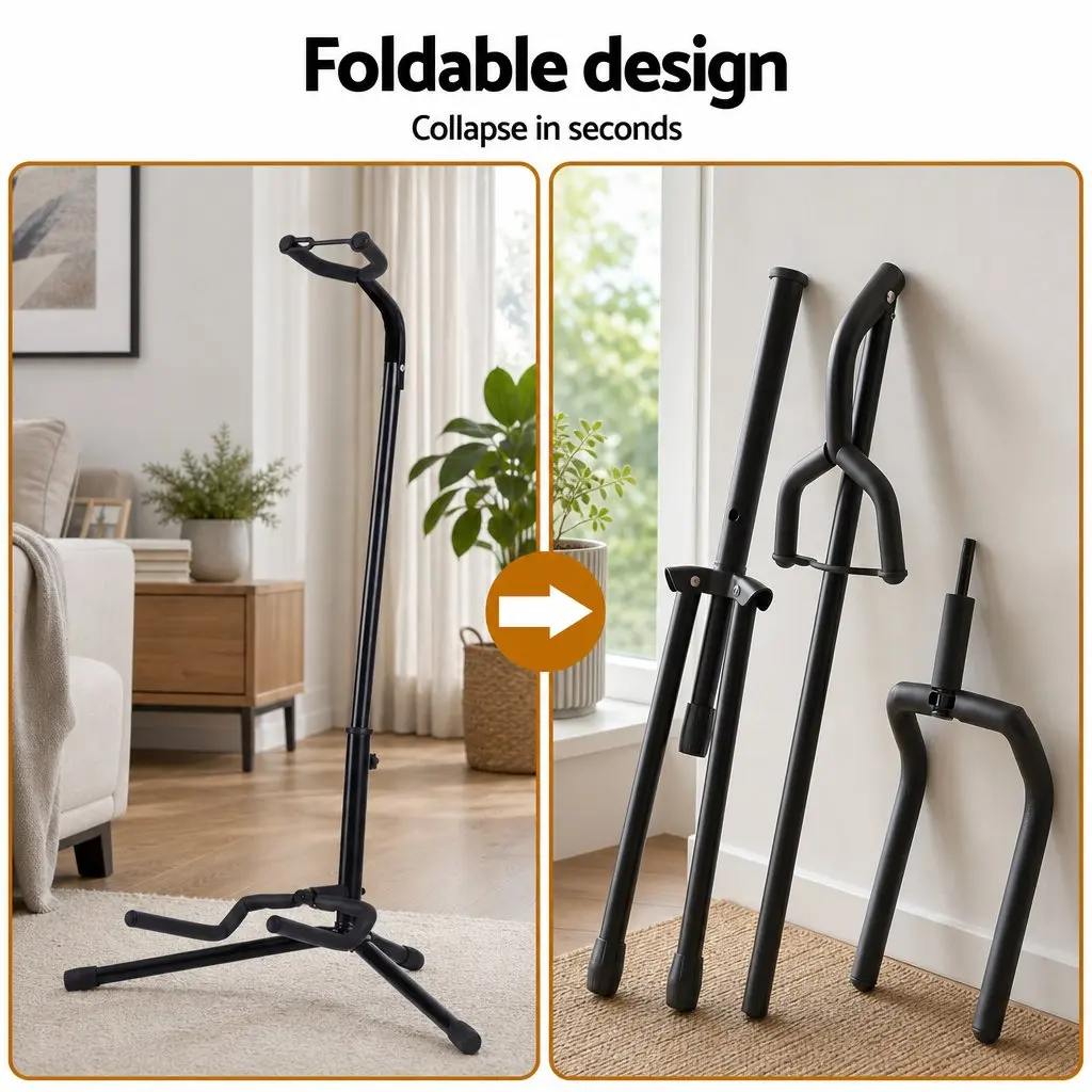 Folding A-Frame Adjustable Guitar Stand for Acoustic Electric and Bass Instruments Black Iron