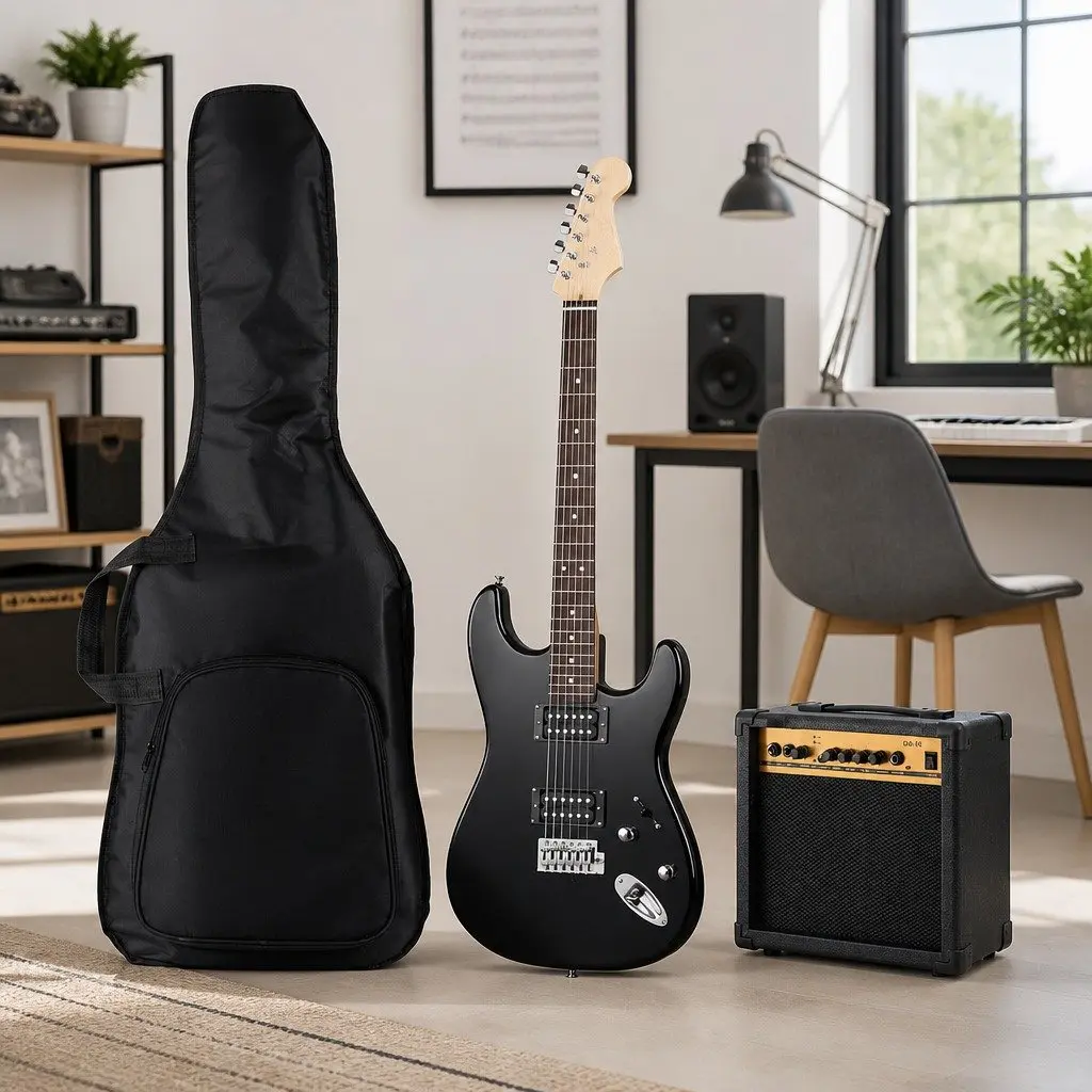 Electric Guitar Combo 20W Amplifier Beginner Stratocaster Style Black