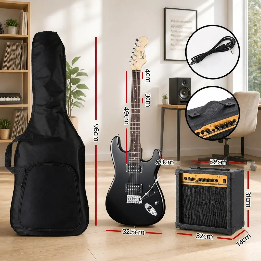 Electric Guitar Combo 20W Amplifier Beginner Stratocaster Style Black