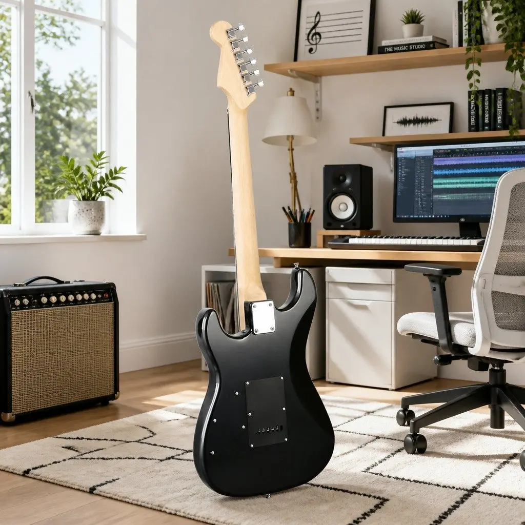 Electric Guitar Combo 20W Amplifier Beginner Stratocaster Style Black
