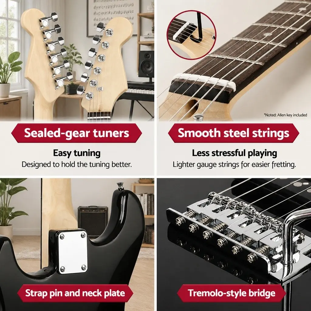 Electric Guitar Combo 20W Amplifier Beginner Stratocaster Style Black