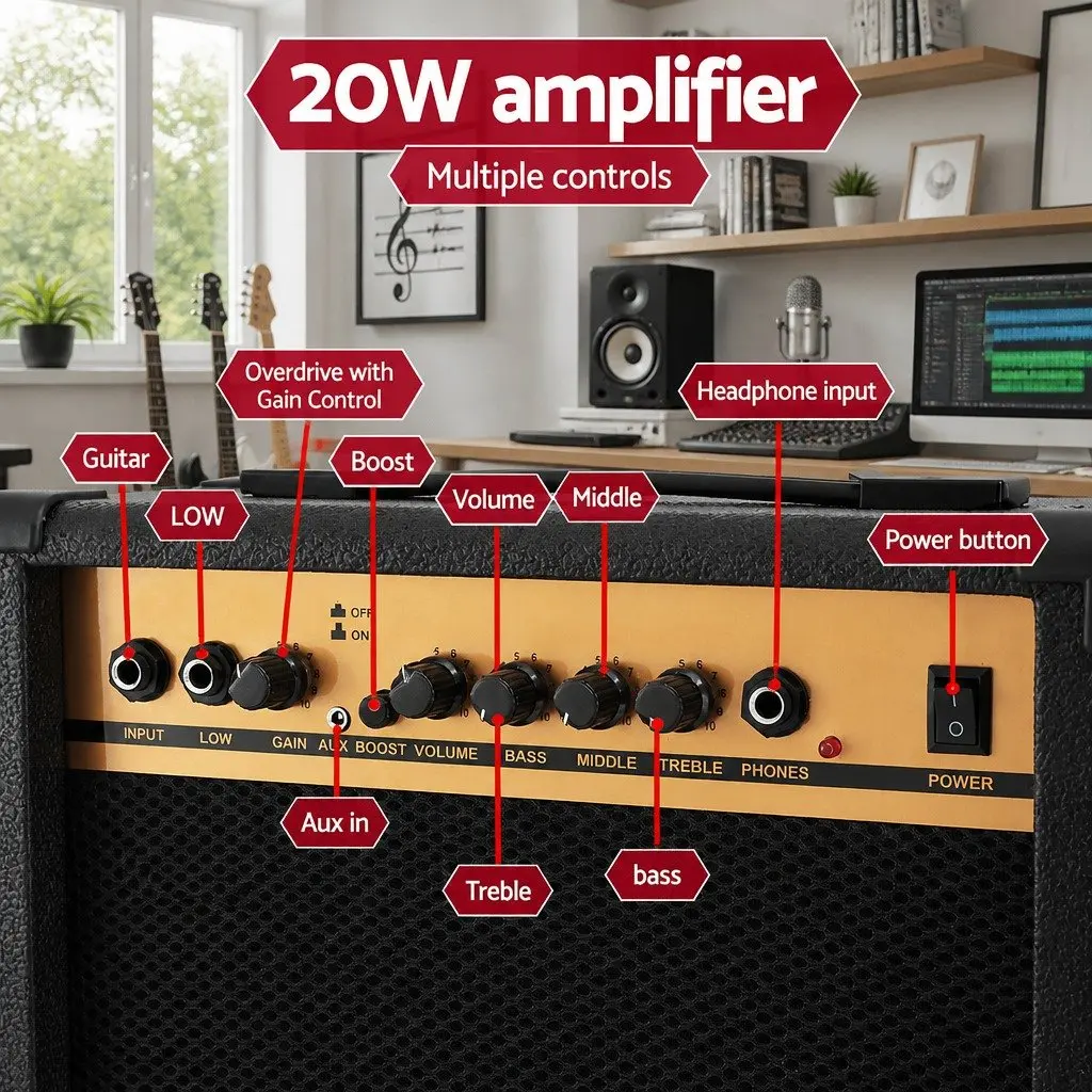 Electric Guitar Combo 20W Amplifier Beginner Stratocaster Style Black