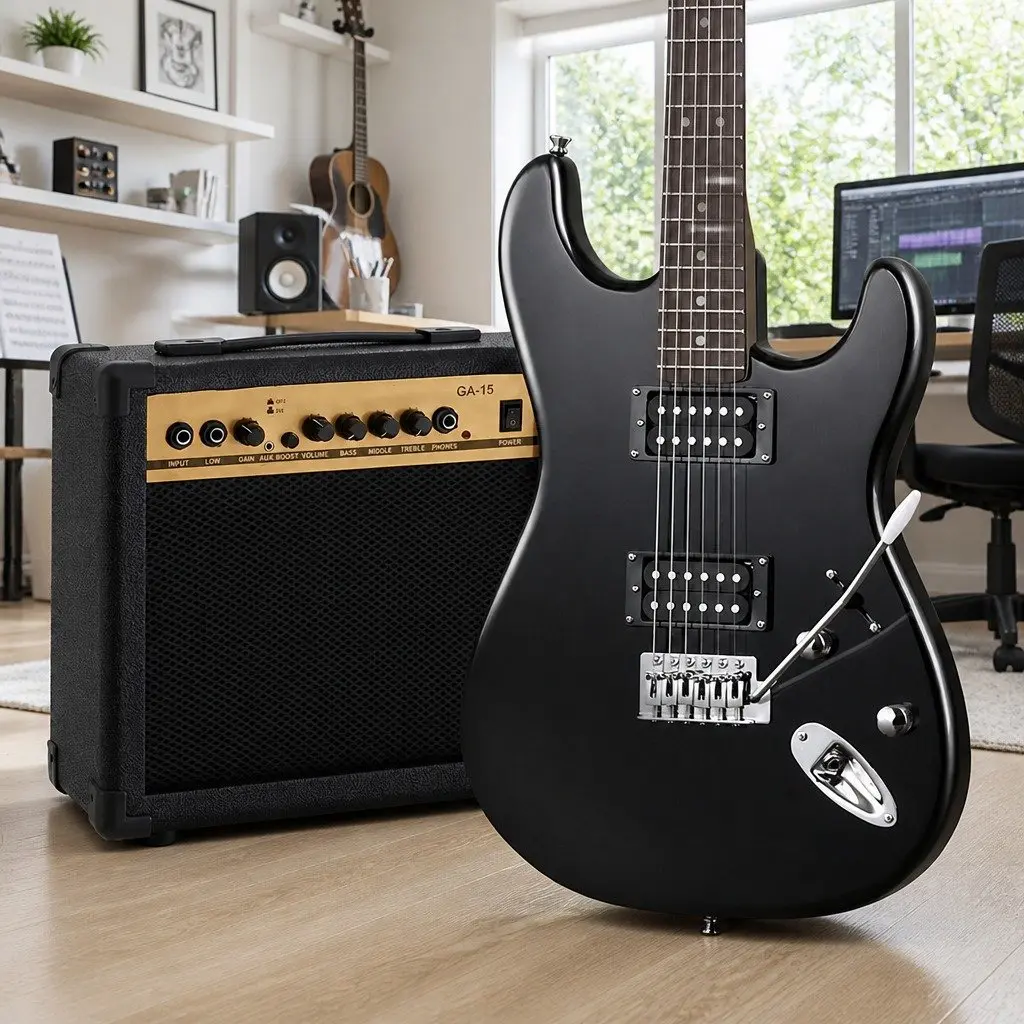 Electric Guitar Combo 20W Amplifier Beginner Stratocaster Style Black