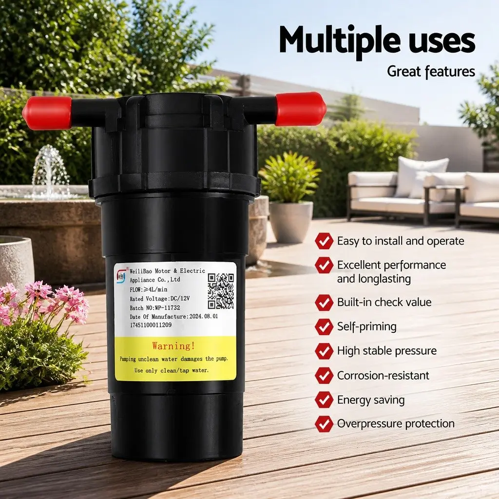Water Pump 12V Pressure Shower 4L/Min Flow Rate Black