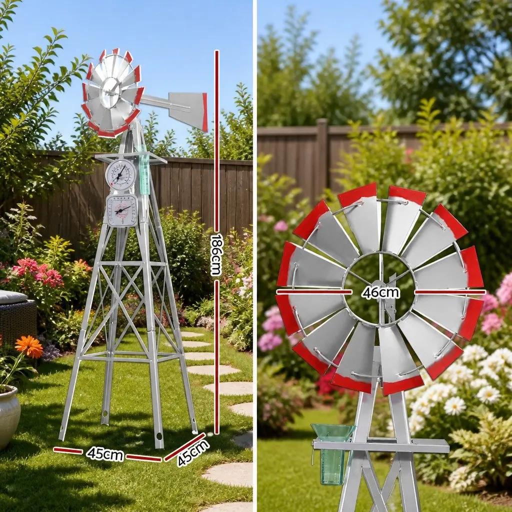 Garden Windmill Weathervane 6FT Outdoor Ornament 12 Blade Metal Decoration Grey