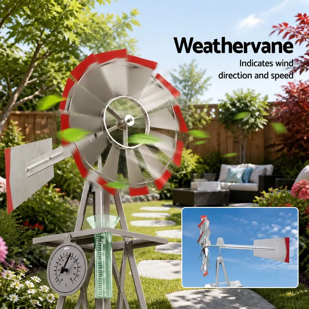 Garden Windmill Weathervane 6FT Outdoor Ornament 12 Blade Metal Decoration Grey