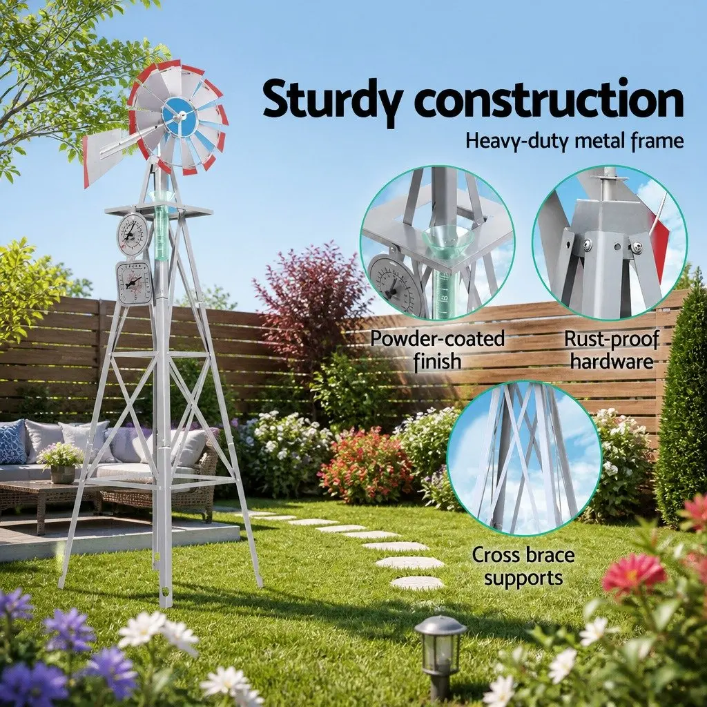 Garden Windmill Weathervane 6FT Outdoor Ornament 12 Blade Metal Decoration Grey