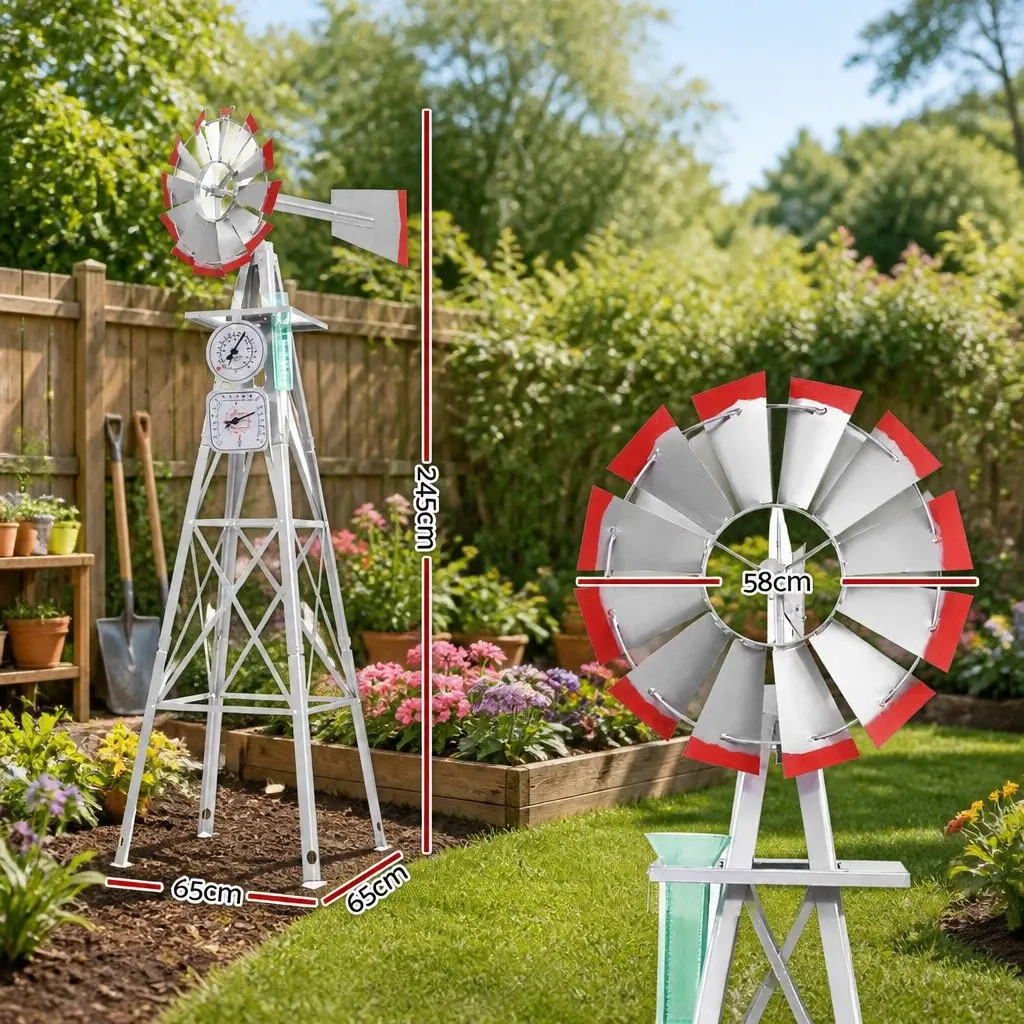 Metal Garden Windmill 8FT Tall Outdoor Decorative Weathervane Grey Red Trim