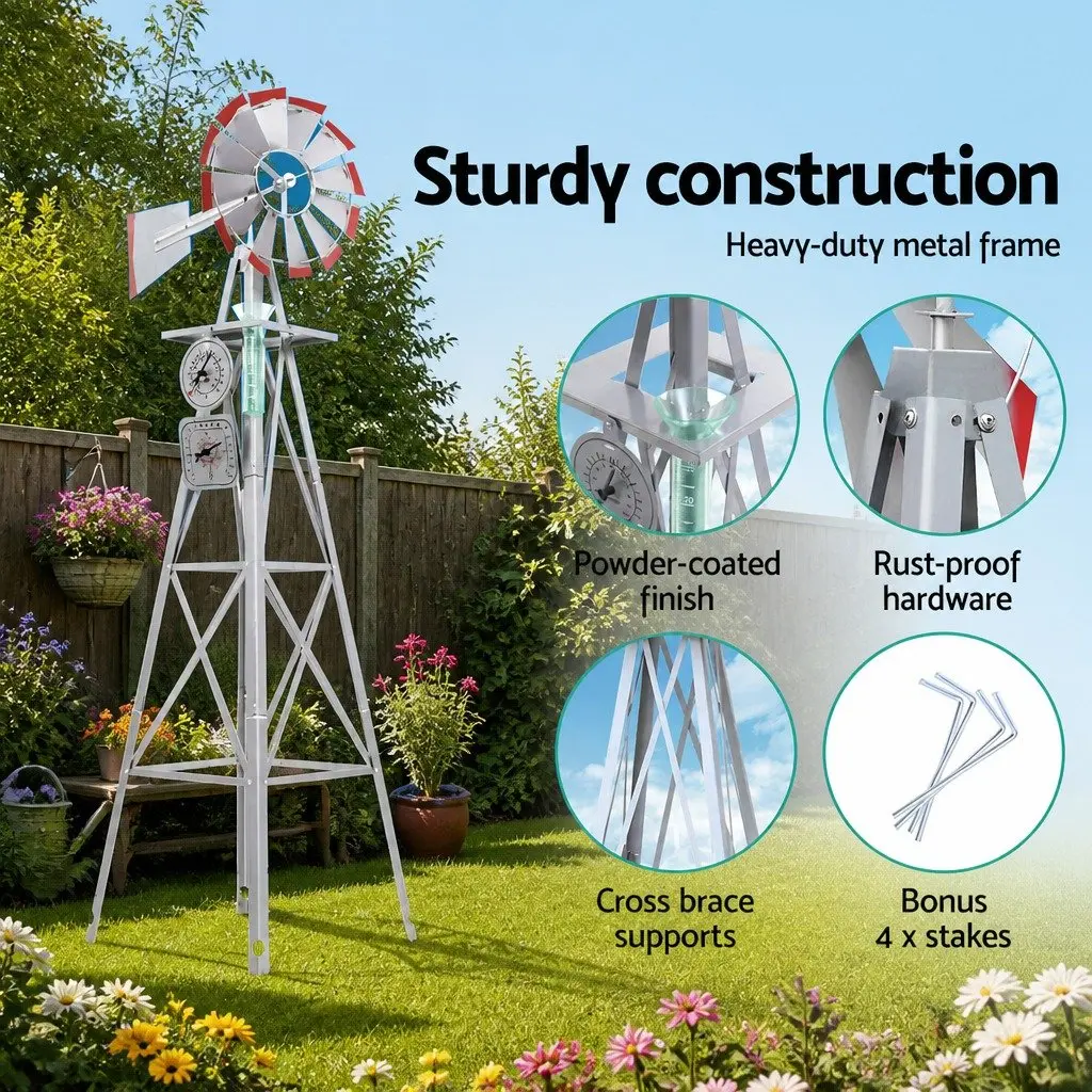 Metal Garden Windmill 8FT Tall Outdoor Decorative Weathervane Grey Red Trim