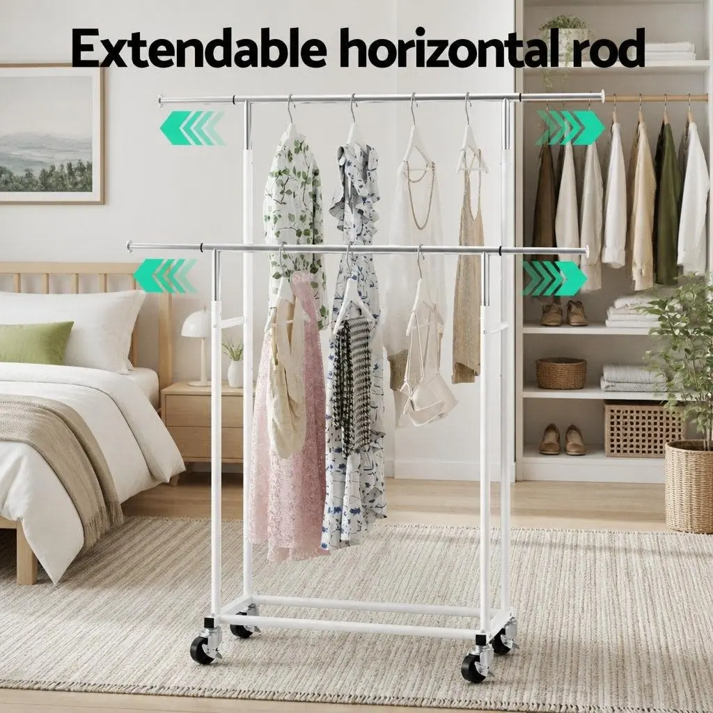 Clothes Rack Double Rod Adjustable Hanger Coat Stand Collapsible Storage Rail Silver White