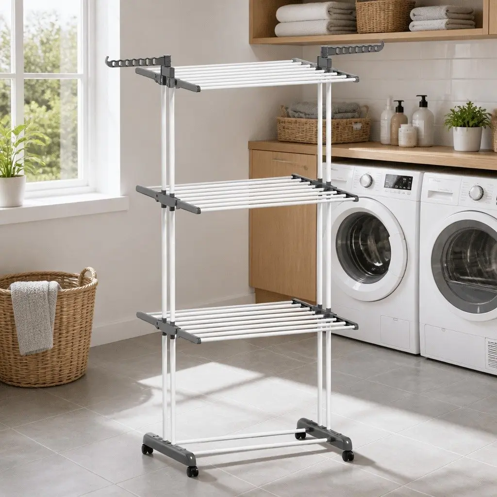 3-Tier Clothes Drying Rack with Wheels and Hooks