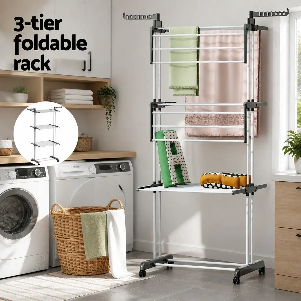 3-Tier Clothes Drying Rack with Wheels and Hooks