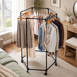 Clothes Rack Airer with 6 Hanging Rods Swivel Casters Coat Stand Storage