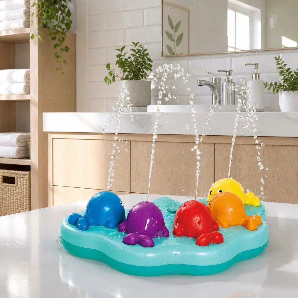 Musical Whale Fountain Bath Toy Water Spray Play Set Sensory Learning