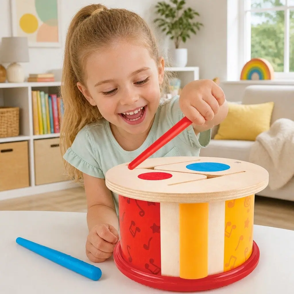 Wooden Toy Drum Early Learning Instrument for Kids Double Sided Rhythm Play